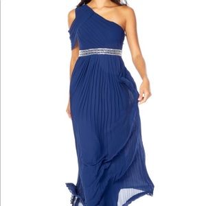 Navy One-Shoulder Pleated Gown